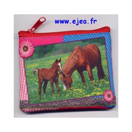 Porte-monnaie Enfant Fille Motif Chevaux – Rose & Bleu – Fermeture Velcro – Idéal Maternelle & École